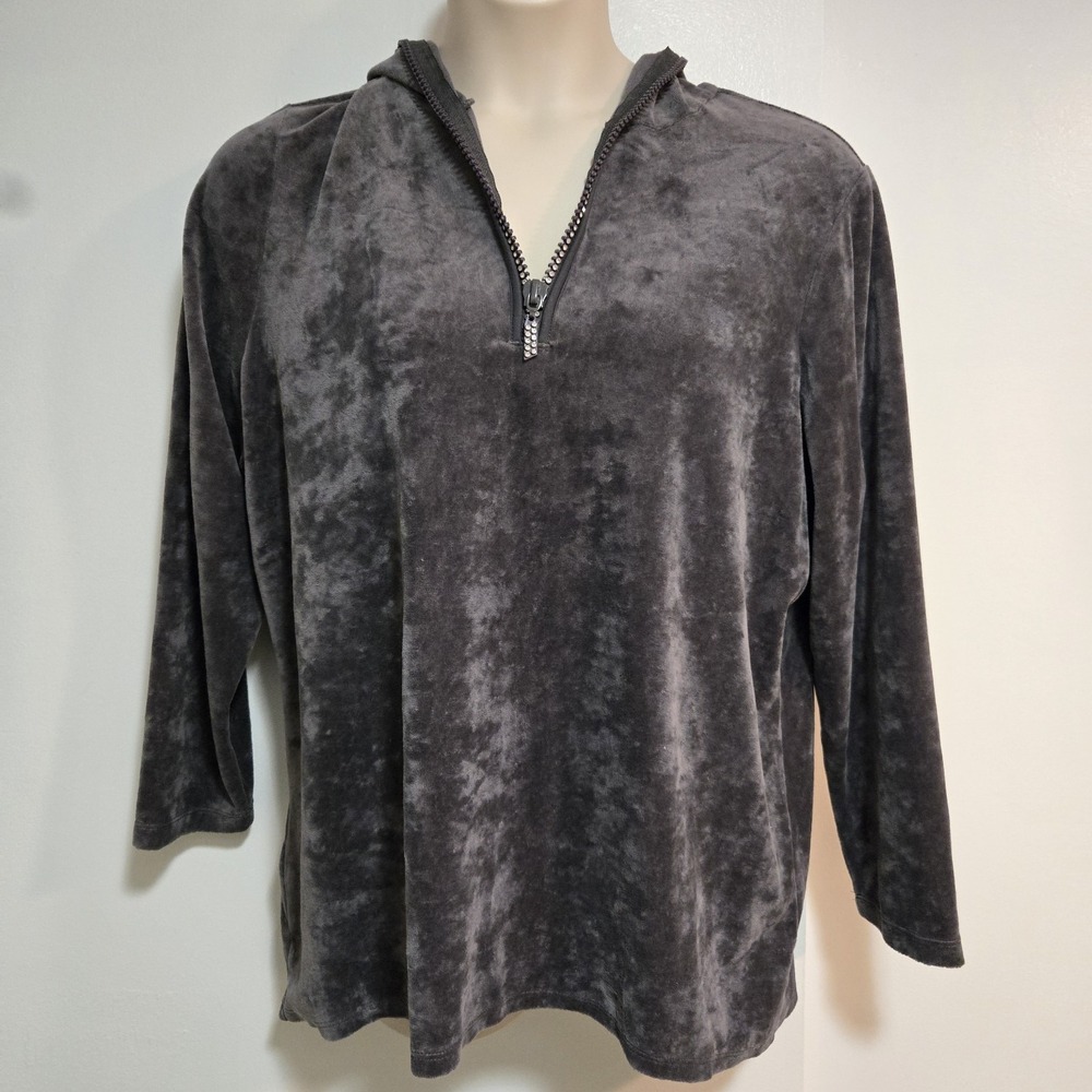 Quacker Factory XL Gray Stretch Velour Jeweled Zip Bling 1/2 Zip Hoodie A285182